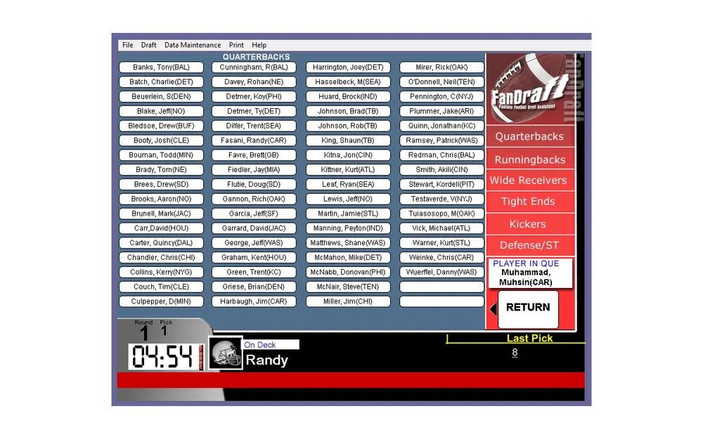 The original FanDraft fantasy football draft board from 2001