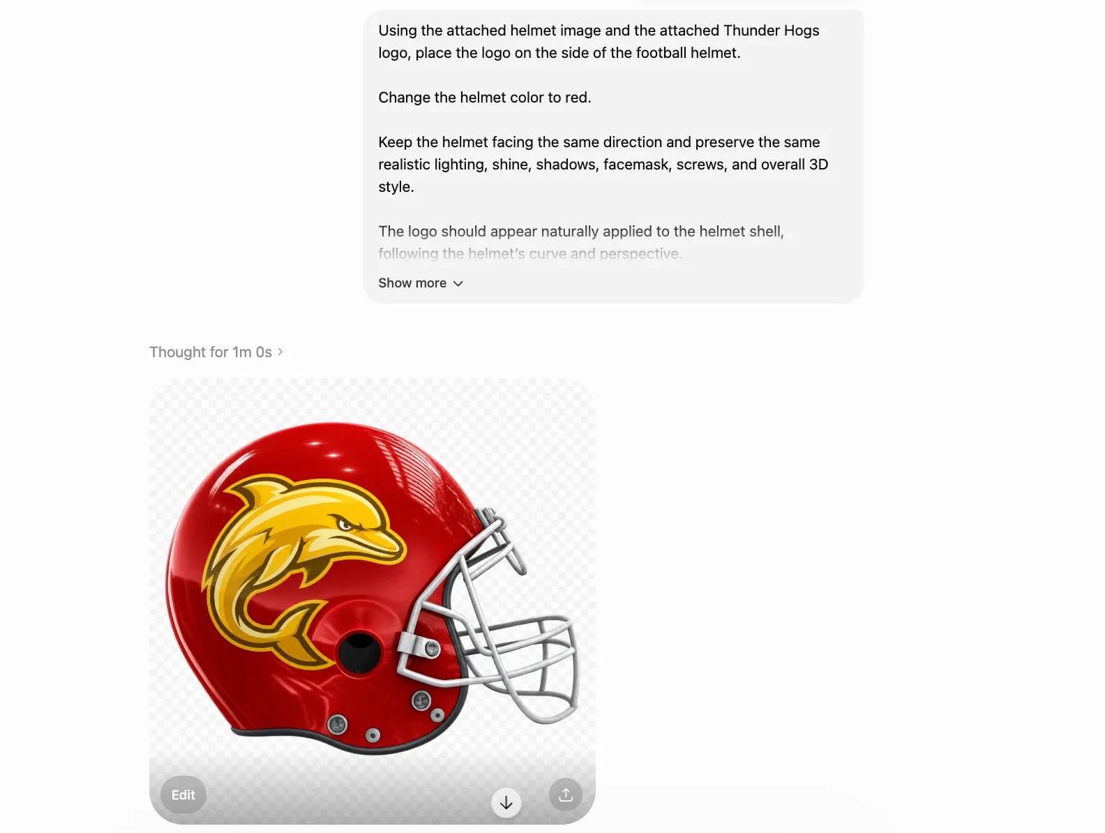 FanDraft fantasy football helmet prompt in ChatGPT with a custom logo placed on a red helmet