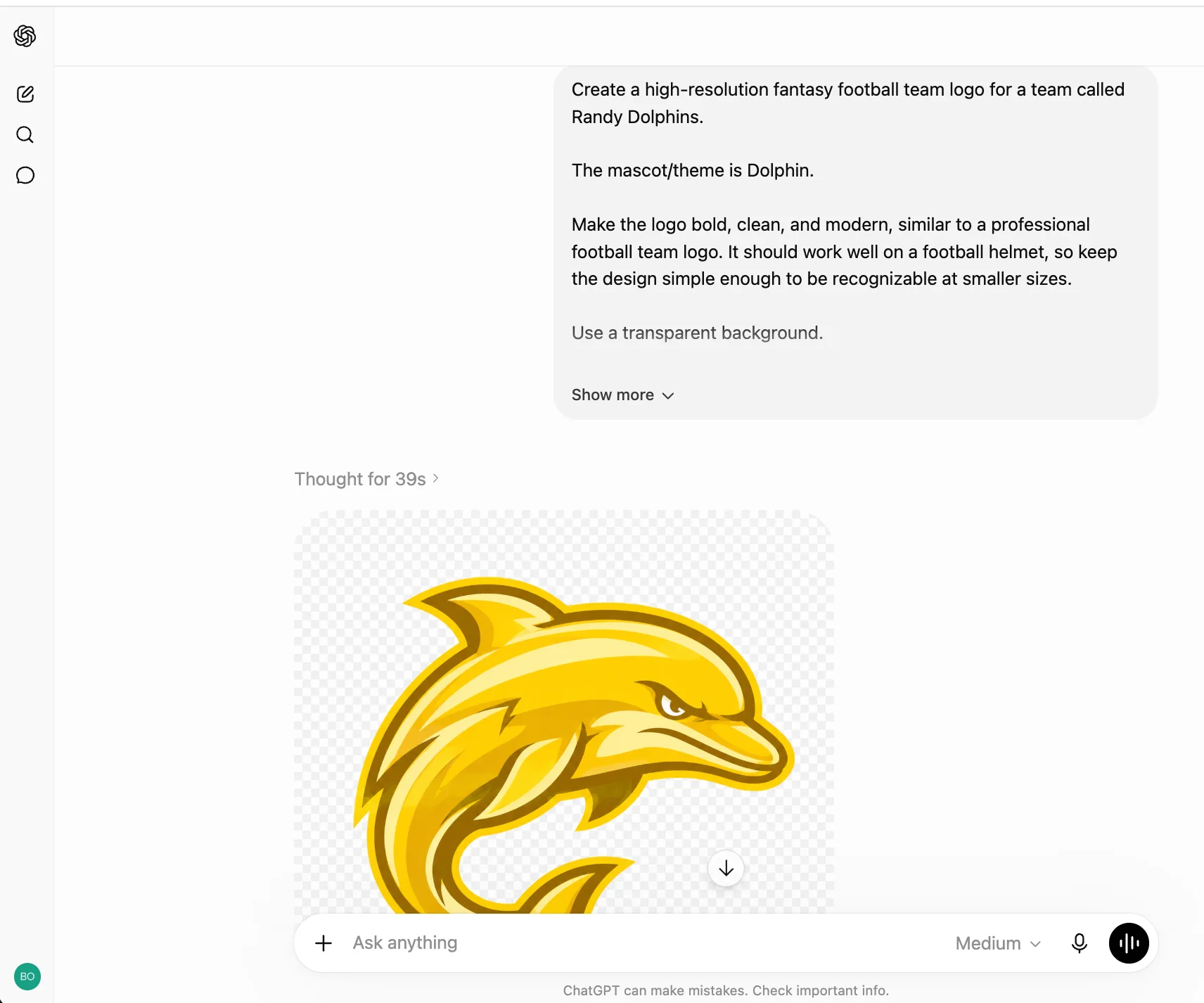FanDraft fantasy football team logo prompt in ChatGPT creating a yellow dolphin logo