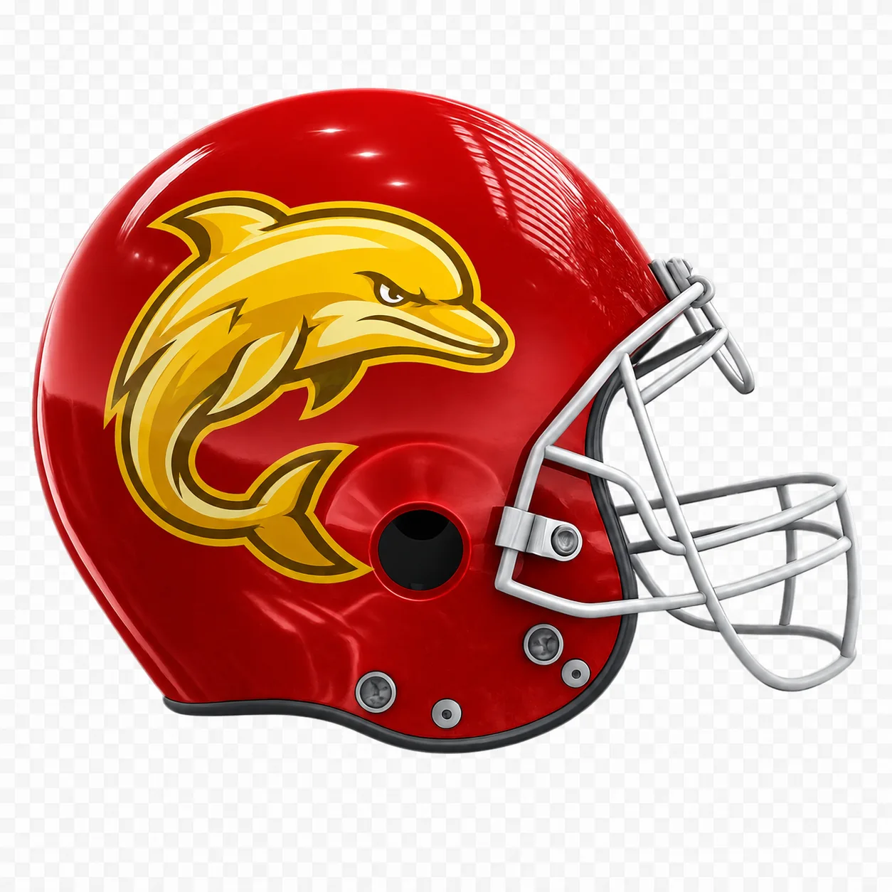 FanDraft fantasy football red helmet with a custom yellow dolphin team logo