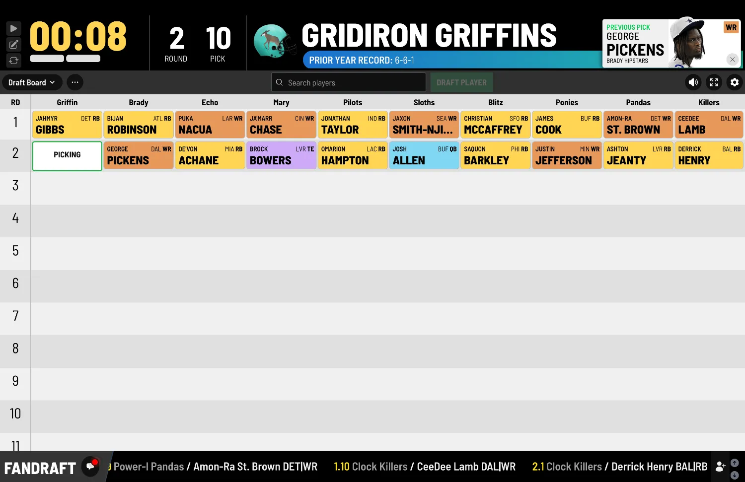 FanDraft live fantasy football draft board showing the round-by-round big board of picks