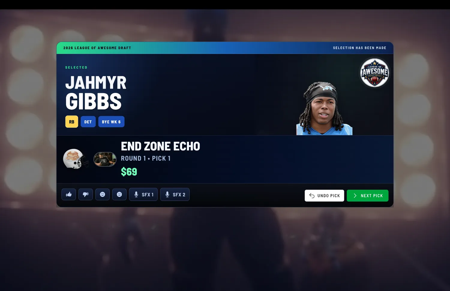 FanDraft graphic pick announcement for a drafted player