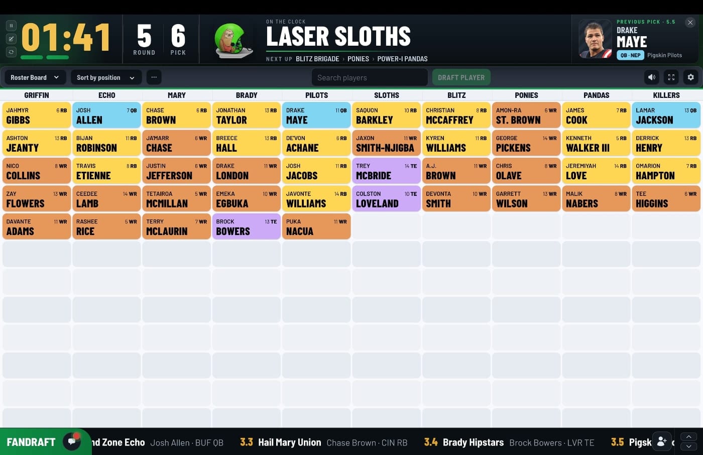 FanDraft fantasy football roster board showing each team’s drafted players by position