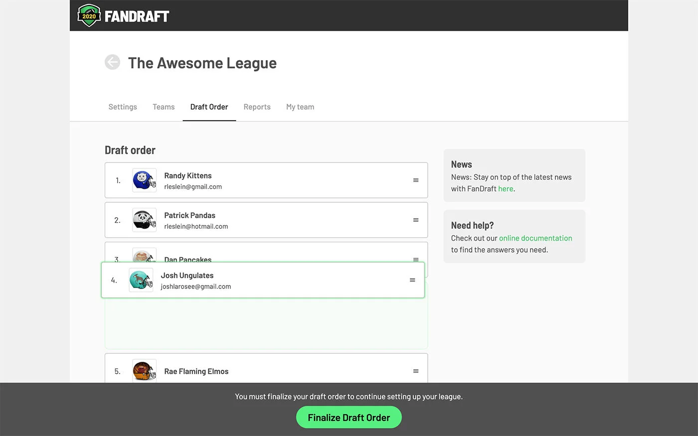 FanDraft — Draft Order
